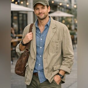 Orvis Mens Tan Cotton Sport Coat Blazer Made In USA Size 48L Casual Jacket